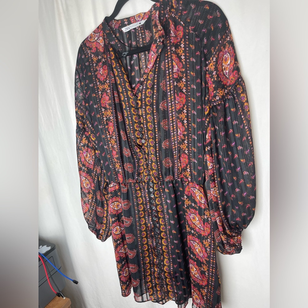 Zara Red Orange Paisley floral metallic thread Dress S
